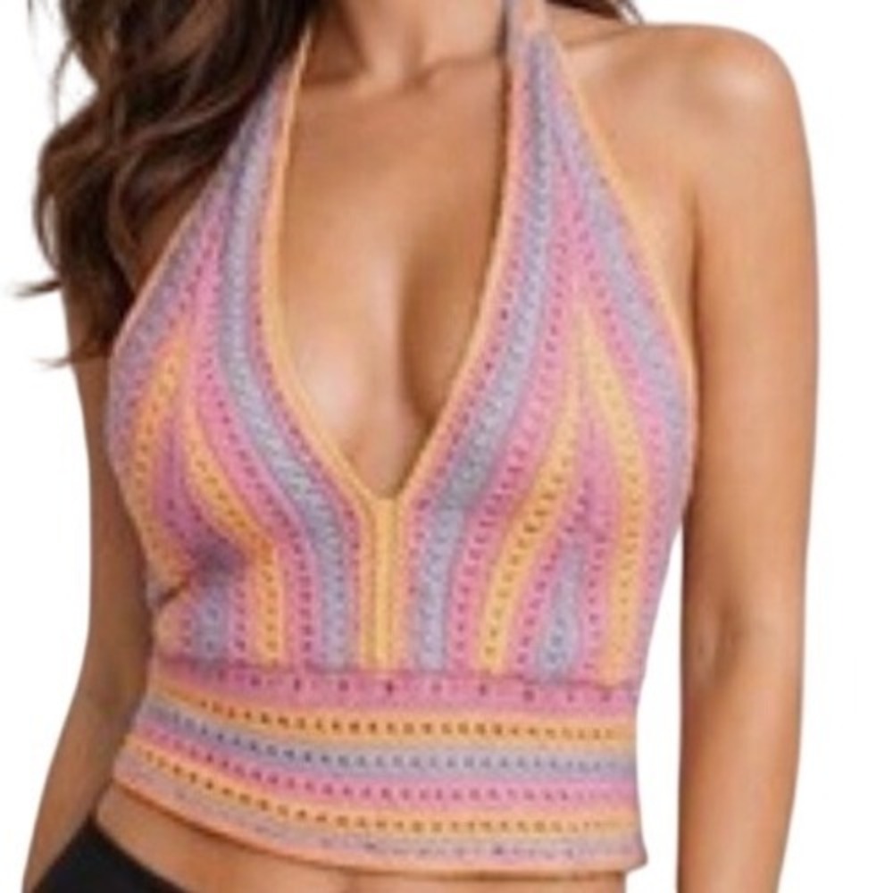 ABERCROMBIE & FITCH‎ Women S Pastel Crochet Halter Top Boho Festival Knit Crop
